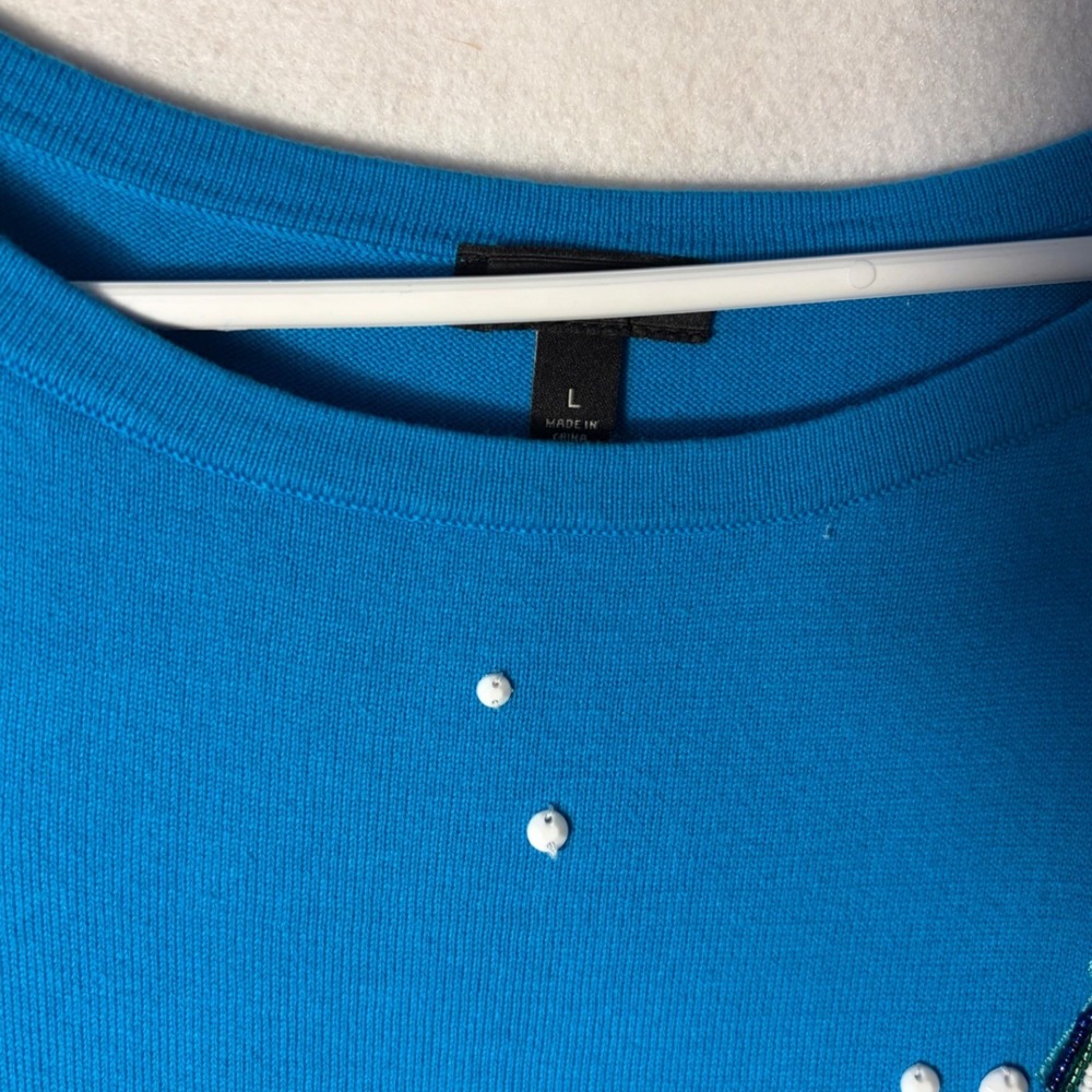 Talbots Womens Blue Beaded Seashell Short Sleeve Knit Top Sweater Large Nautical - Picture 8 of 8